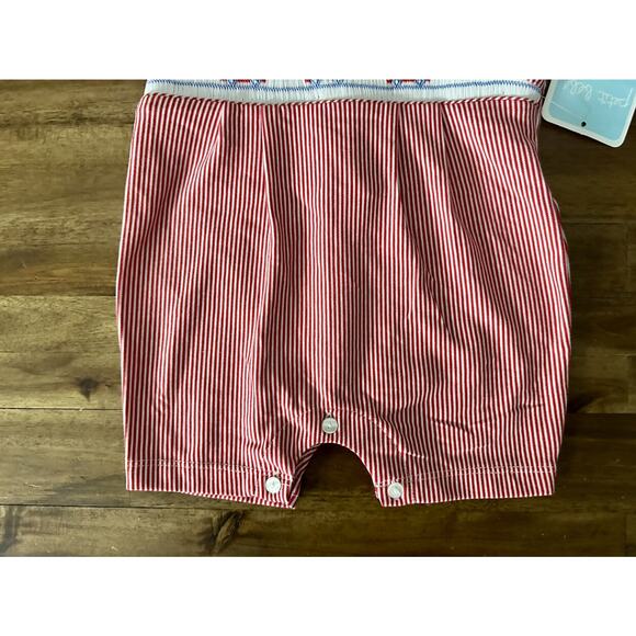 NWT Petit Bebe Red Stripe Smocked Knit Firetrucks Romper Cotton Sleeveless 18M - Picture 3 of 8